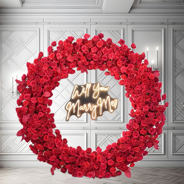 red circle flower arch rental with marry me sign